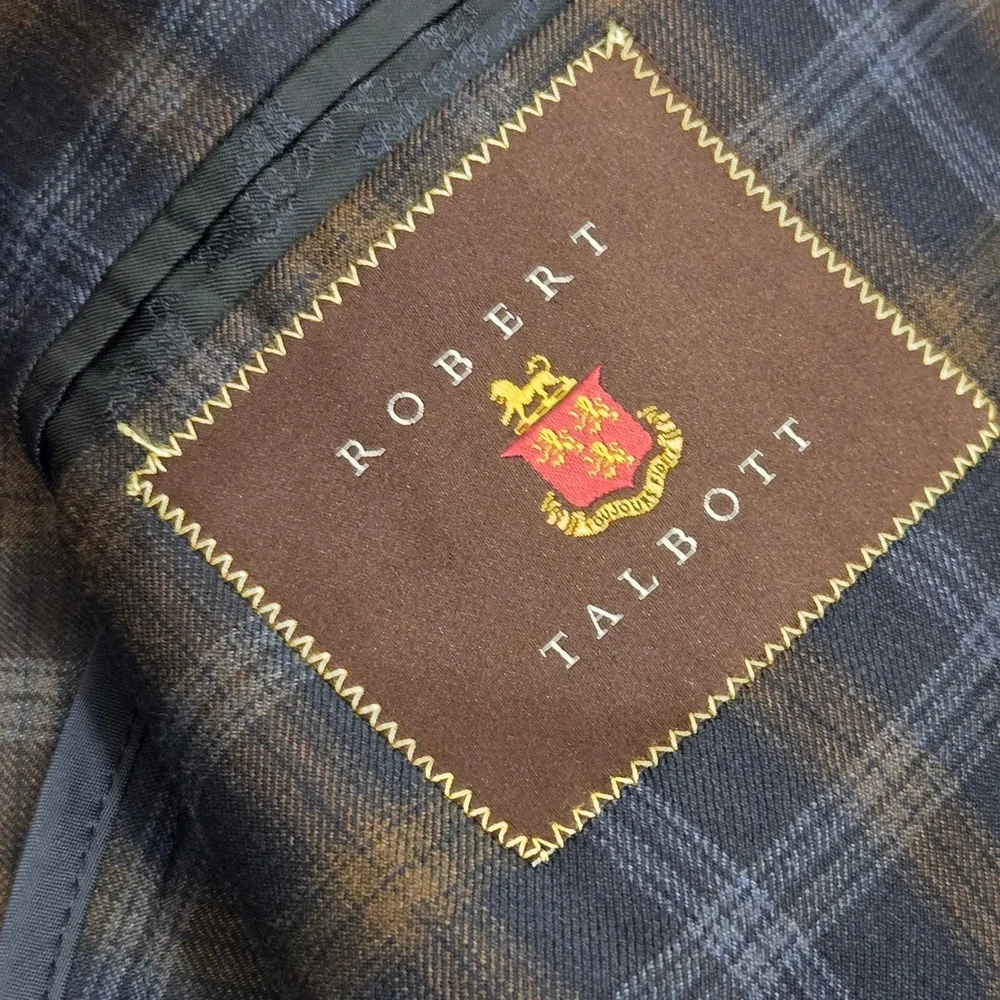 Robert Talbott Sport Coat 44T Blue Brown Plaid Carmel Unstructured Blazer 2002